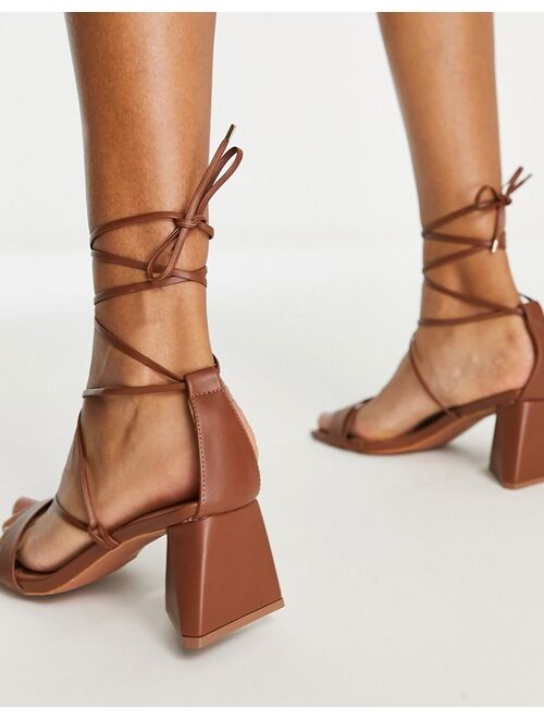 ASOS DESIGN Wide Fit Hilani tie leg block heeled mid sandals in tan