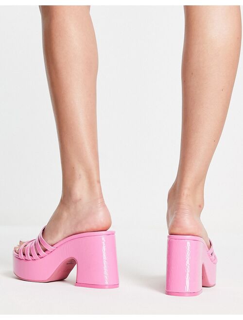 Bershka mid heel chunky 70s platform sandals with strap detail in pink