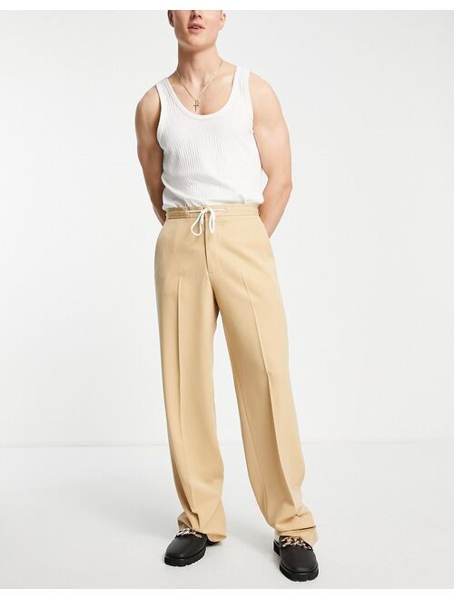 ASOS DESIGN smart wide leg pants with drawcord waist in camel