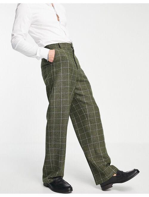 ASOS DESIGN high waist wide leg pants in green wool mix window check