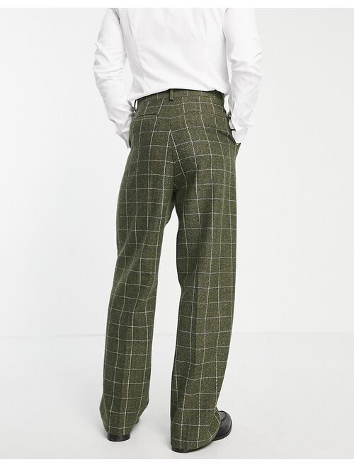 ASOS DESIGN high waist wide leg pants in green wool mix window check