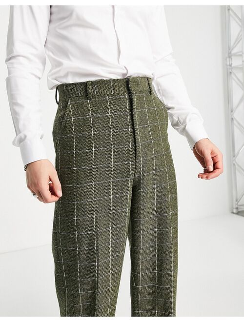 ASOS DESIGN high waist wide leg pants in green wool mix window check