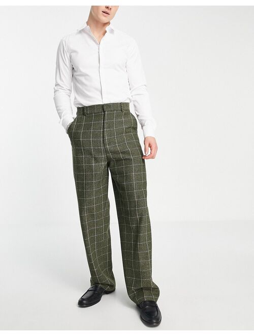 ASOS DESIGN high waist wide leg pants in green wool mix window check