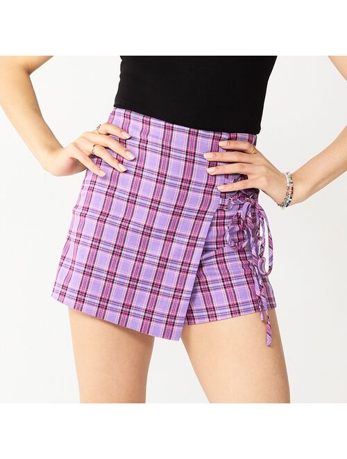 Juniors' SO® Lace-Up Plaid Mini Skort