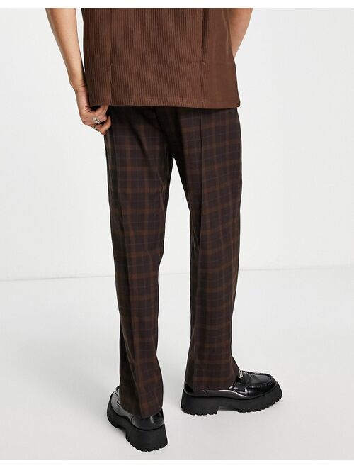 ASOS DESIGN wide leg smart pants with brown highlight plaid and drawstring