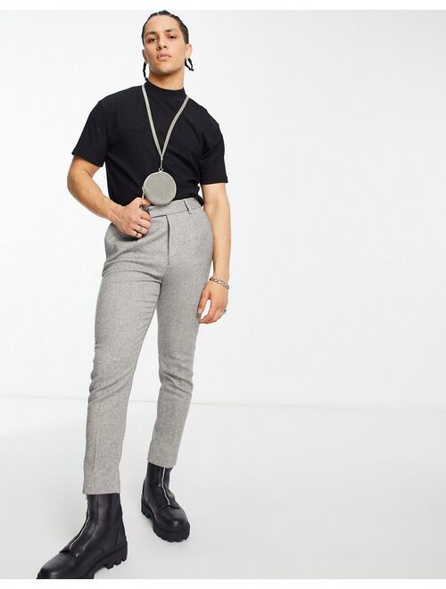 ASOS DESIGN tapered wool mix smart pants in tweed light gray