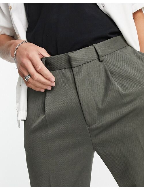 ASOS DESIGN tapered twill smart pants with turn up in khaki