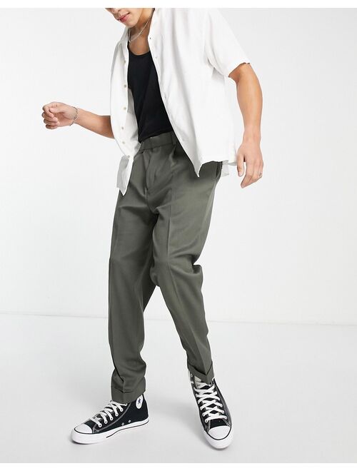 ASOS DESIGN tapered twill smart pants with turn up in khaki