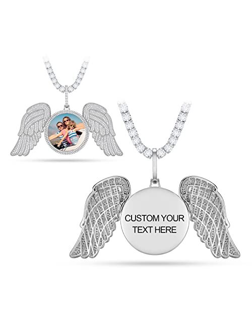 YIMERAIRE Custom Chain with Picture Necklace Personalized Photo Pendant Necklace for Men Customized Picture Necklaces for Women Memory Necklace with Picture Angel Wings H