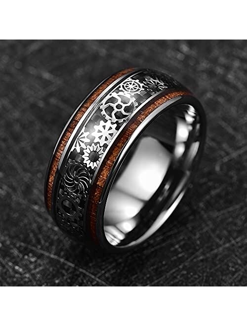 TUNGSTORY 10mm Steampunk Gear Wheel Tungsten Ring for Men Women Koa Wood Inlay Domed Polished Comfort Fit Size 7-14