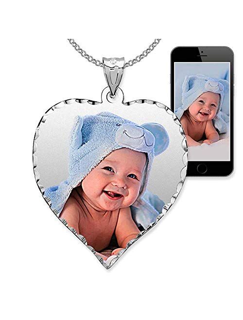 Picturesongold.Com Personalized Photo Engraved Heart Shaped Custom Photo Pendant/Photo Necklace/Photo Charm with Diamond Cut Edge - 3/4 Inch x 3/4 Inch