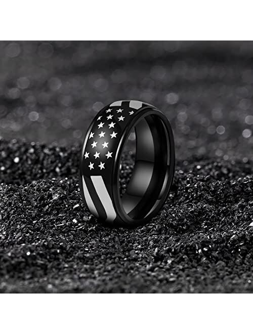 Laoyou Black Men’s Spinner Ring for Anxiety - 8mm American Flag Surgical Stainless Steel Spinning Anxiety Ring for Men Boy Band Fidget Jewelry Worry Spin Calming Anti-Anx