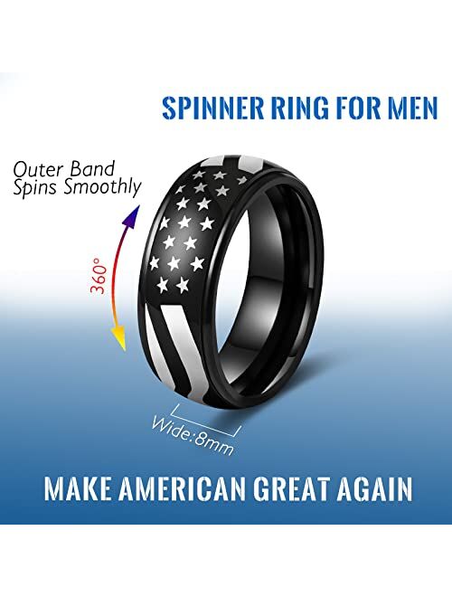 Laoyou Black Men’s Spinner Ring for Anxiety - 8mm American Flag Surgical Stainless Steel Spinning Anxiety Ring for Men Boy Band Fidget Jewelry Worry Spin Calming Anti-Anx