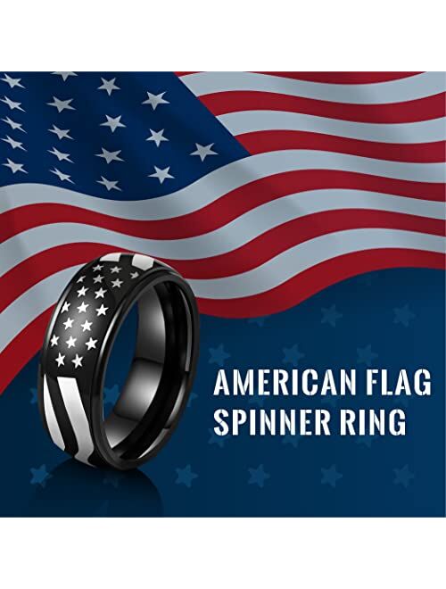 Laoyou Black Men’s Spinner Ring for Anxiety - 8mm American Flag Surgical Stainless Steel Spinning Anxiety Ring for Men Boy Band Fidget Jewelry Worry Spin Calming Anti-Anx