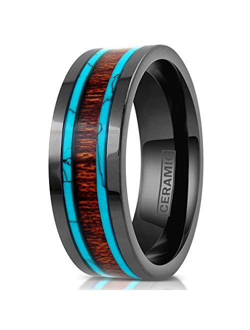 King'S Cross Beautiful Ultra-Light Hi-Tech 6mm/8mm Gunmetal Black Flat Ceramic Band Style Ring w/ Koa Wood Inlay Between 2 Blue Turquoise Inlays.