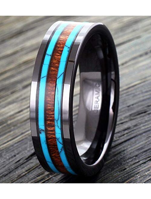 King'S Cross Beautiful Ultra-Light Hi-Tech 6mm/8mm Gunmetal Black Flat Ceramic Band Style Ring w/ Koa Wood Inlay Between 2 Blue Turquoise Inlays.