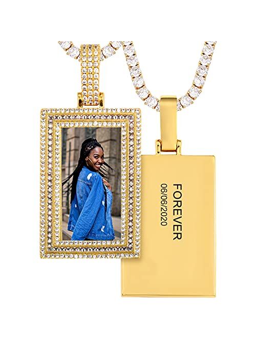 Gugots Personalized Engraved Photo Pendant Customized Memory Picture Necklace With Engraved Text Hip Hop Iced Out Picture Chain For Men Women Custom Image Pendant With Me