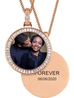 TUHE 18K Iced Out Custom Photo Necklace Personalized with Memory Picture Necklace, Iced Out Round Pendant Necklace with Picture for Men Women Hip Hop Necklace (Optional f