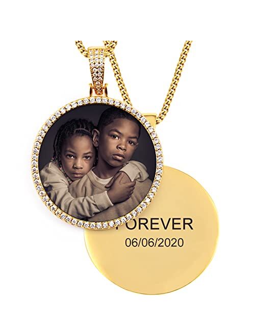 TUHE 18K Iced Out Custom Photo Necklace Personalized with Memory Picture Necklace, Iced Out Round Pendant Necklace with Picture for Men Women Hip Hop Necklace (Optional f