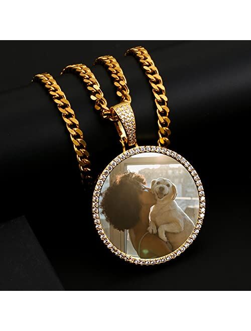 TUHE 18K Iced Out Custom Photo Necklace Personalized with Memory Picture Necklace, Iced Out Round Pendant Necklace with Picture for Men Women Hip Hop Necklace (Optional f