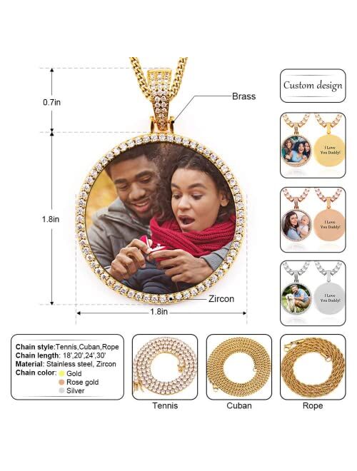 TUHE 18K Iced Out Custom Photo Necklace Personalized with Memory Picture Necklace, Iced Out Round Pendant Necklace with Picture for Men Women Hip Hop Necklace (Optional f