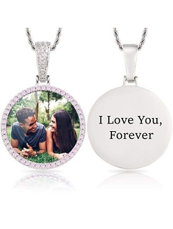 YIMERAIRE Personalized Picture Necklace Custom Dog Tag Pendant Necklace Engraving Name/Date/Text/Color Picture for Men Round Pendant Iced Out Memorial Necklace with Pictu