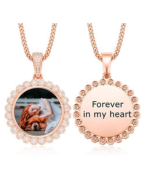 YIMERAIRE Personalized Picture Necklace Custom Dog Tag Pendant Necklace Engraving Name/Date/Text/Color Picture for Men Round Pendant Iced Out Memorial Necklace with Pictu