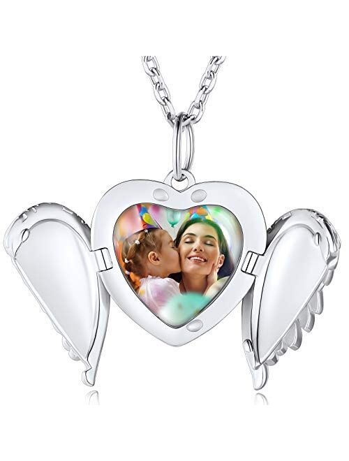 Custom4U Angel Wing Locket Necklace That Holds Picture for Women,Gold/Rose Gold/ 925 Sterling Silver Personalized Photo Heart Shaped Charm with Chain 16"/18"/22",Memorial