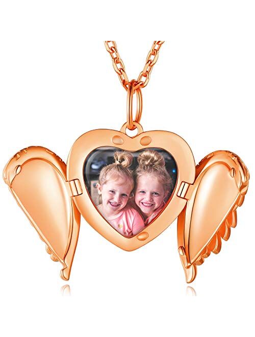 Custom4U Angel Wing Locket Necklace That Holds Picture for Women,Gold/Rose Gold/ 925 Sterling Silver Personalized Photo Heart Shaped Charm with Chain 16"/18"/22",Memorial