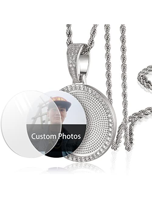 YIMERAIRE Photo Necklace for Men Custom Picture Around Pendant Necklace Rope Chain Personalized AAA Cubic Zirconia Hamsa Hand Necklace Bling Hip Hop Jewelry for Men