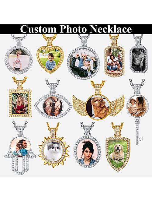 Richsteel Custom Picture/Photo Necklace for Men Women Personalized Round/Heart/Angel Wing/Square/Key/Hamsa Hand Pendant with Stainless Steel Wheat Chain(Send Gift Box)