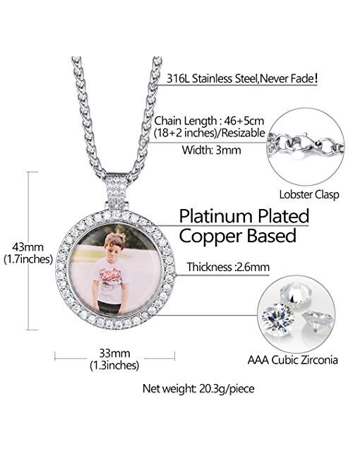 Richsteel Custom Picture/Photo Necklace for Men Women Personalized Round/Heart/Angel Wing/Square/Key/Hamsa Hand Pendant with Stainless Steel Wheat Chain(Send Gift Box)