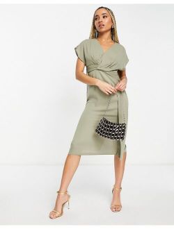 twist and drape front midi dress in khaki