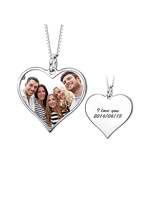 Lonago 925 Sterling Silver Personalized Photo Necklace Engraved Heart Pendant Necklace Custom Colorful Photo with Name Necklace Gift for Women