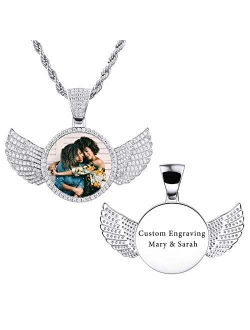 VIBOOS Personalized Hip Hop Memory Pendant Necklace Custom Picture Text for Men Women Custom Photo Copper Angel Wing Heart & Round Medal Rope Chain Jewelry Souvenir Gift