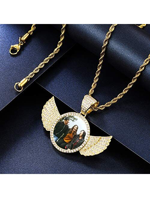 VIBOOS Personalized Hip Hop Memory Pendant Necklace Custom Picture Text for Men Women Custom Photo Copper Angel Wing Heart & Round Medal Rope Chain Jewelry Souvenir Gift