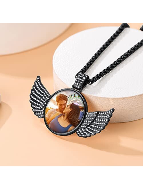 Custom4U Picture Necklace Personalized for Men Women,18K Gold/Platinum Plated/Black AAA CZ Angel Wings/Heart/Medallion Customized Photo Memory Pendant Chain 18-30 Inches,