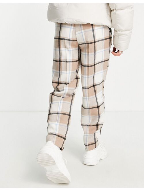 ASOS DESIGN oversized tapered wool mix smart pants in large scale ecru check