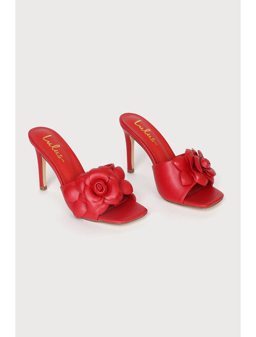 Lulus Flowina Red Flower Square Toe Slide High Heel Sandals