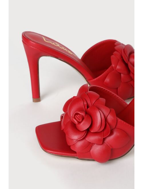 Lulus Flowina Red Flower Square Toe Slide High Heel Sandals