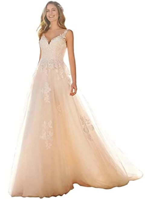 Fangsky Women's Beach Wedding Dresses for Bride 2022 Boho Bridal Gowns for Wedding Lace Wedding Gowns Long