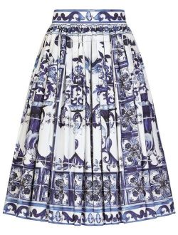 Majolica-print pleated A-line midi skirt