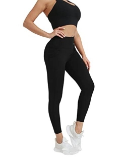 SROSERAWN Yoga Pants with Pockets for Women High Waited Fitness Leggings Buttock Lifting Tummy Control Running Exercise Wear