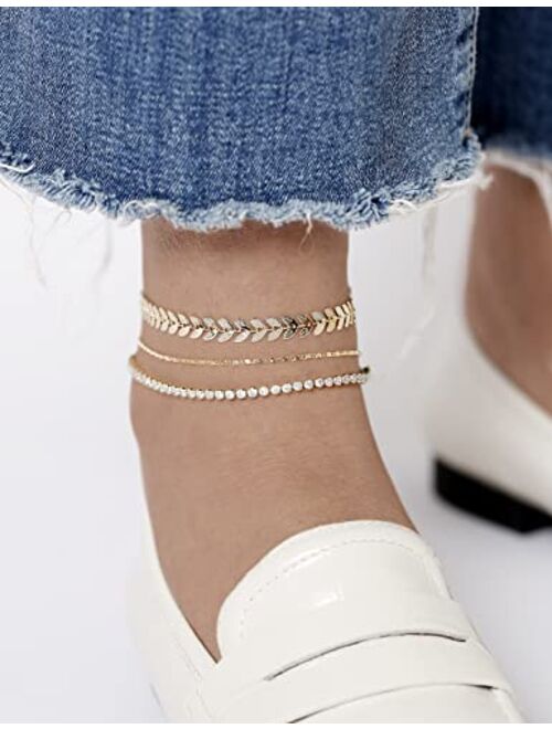 Wesparking Gold Ankle Bracelets for Women 14k Gold Plated Anklet Silver Tennis Rose Quartz Cross Bead Herringbone Snake Paperclip Chain Cubic Zirconia Dainty Layered Ankl