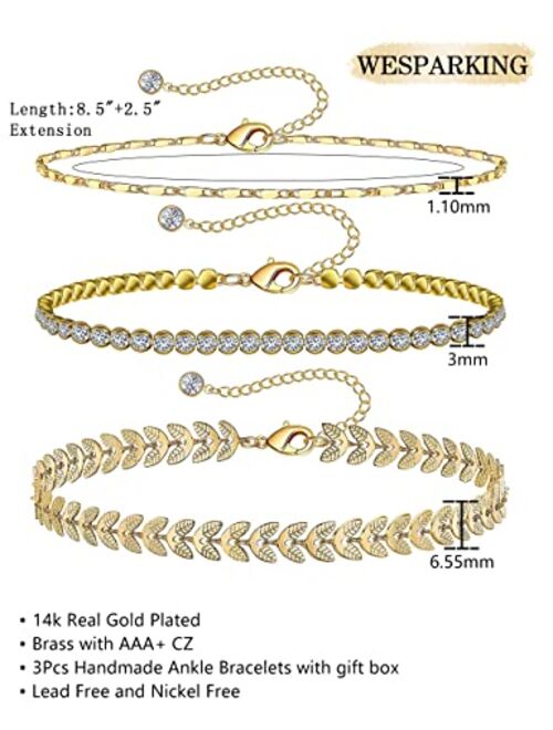 Wesparking Gold Ankle Bracelets for Women 14k Gold Plated Anklet Silver Tennis Rose Quartz Cross Bead Herringbone Snake Paperclip Chain Cubic Zirconia Dainty Layered Ankl