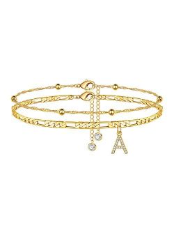 Ursteel Ankle Bracelets for Women, 14K Gold Plated Dainty Layered Figaro Chain CZ Initial Anklets Summer Jewelry Gifts for Women Teen Girls