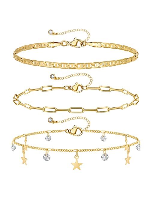 KissYan Gold Layered Ankle Bracelets for Women, Dainty 14k Gold Plated Double Layering Cuban Link Foot Chain Adjustable Paperclip Beaded Summer Beach Anklets Set Simple F