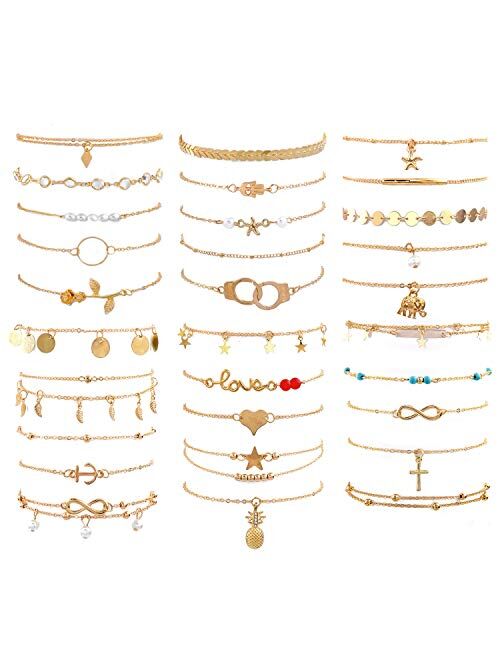 ESRICH 30/40PCS Ankle Bracelets for Women Girls Set, Gold Silver Rose Gold Three Style Jewelry Anklets for Women Beach Jewelry Gifts Adjustable Size Beach Anklet Set