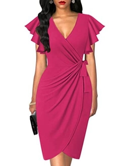 oten Womens Deep V Neck Ruffle Sleeve Sheath Casual Cocktail Party Work Faux Wrap Dress