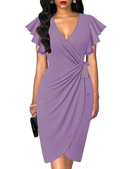 oten Womens Deep V Neck Ruffle Sleeve Sheath Casual Cocktail Party Work Faux Wrap Dress